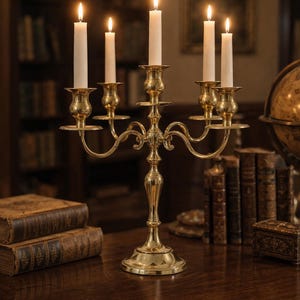 May include: A brass candelabra with five lit white candles. The candelabra has an ornate design and sits on a dark wooden table. The background includes a bookshelf, books, and a globe, creating a classic, vintage aesthetic.