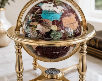 Globo terráqueo de lujo con piedras preciosas, soporte de latón de 15 cm con brújula, globo terráqueo vintage de piedras semipreciosas, decoración de escritorio ejecutivo o biblioteca, regalo perfecto.