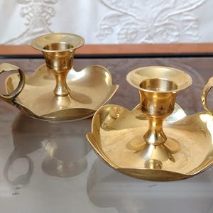 Vintage Brass Chamberstick Candle Holders Pair, Finger Loop Candlesticks, Rustic Home Decor, Cottagecore Brass Candles