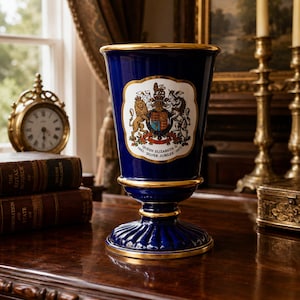 Crown Devon Silver Jubilee 1977 Royal Memorative Pedestal Vase, Queen Elizabeth II, Cobalt Blue Staffordshire England Collectible