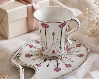 Juego de taza y platillo de estilo vintage, Colección Leonardo, taza alta con estampado floral, platillo de forma única, elegante idea para regalo.