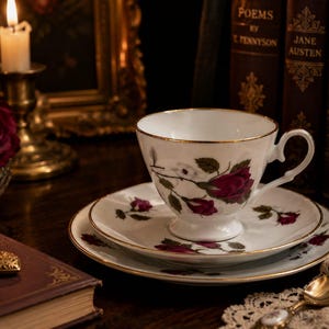 May include: A vintage white teacup and saucer set with a gold trim and a rose pattern. A lit candle, books, and a rose are in the background, creating a classic aesthetic. The set is on a dark wooden surface.