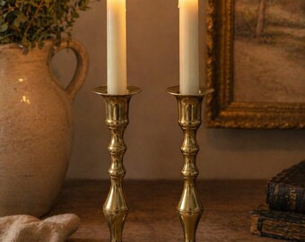 Vintage Brass Candlesticks Pair Tall Elegant Candle Holders Mantel Decor Gold Taper Candle Holder Set Farmhouse Home Decor