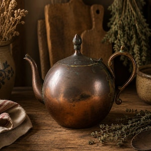 May include: A copper teapot with a rounded body, spout, and handle sits on a wooden surface. The teapot has a dark patina and is surrounded by dried herbs, a ceramic vase, and wooden cutting boards. A folded cloth with red stripes is in the foreground.