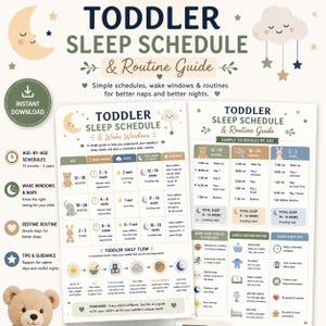 May include: A printable toddler sleep schedule and routine guide with a soft, pastel color scheme. The guide includes age-by-age schedules, wake windows, nap times, and bedtime routines. The text reads "Toddler Sleep Schedule & Routine Guide".