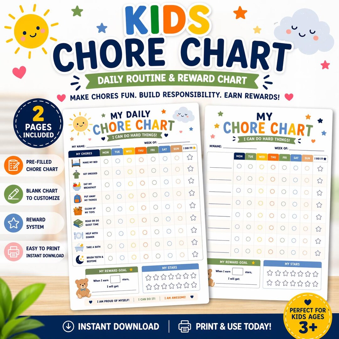 Kids Chore Chart Printable | Daily Routine Reward System (instant ...