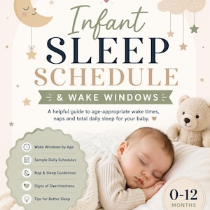 Puede incluir: Una guía titulada "Infant Sleep Schedule & Wake Windows" con un bebé durmiendo y un osito de peluche. La guía incluye información sobre ventanas de vigilia, horarios de muestra, pautas para la siesta y consejos para bebés de 0 a 12 meses.
