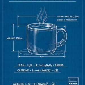 May include: Blueprint-style illustration of a coffee mug with steam rising, labeled "COFFEE: THE PRIMARY FUEL OF ENGINEERING INNOVATION." Includes chemical equations and a calculator graphic. Volume is 350 mL.