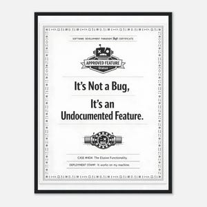 May include: A framed certificate with a black border. The white certificate has text that reads "It's Not a Bug, It's an Undocumented Feature." and "APPROVED FEATURE Status". The certificate also has a robot graphic.