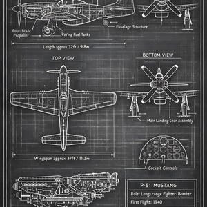 May include: Detailed blueprint of a P-51 Mustang fighter-bomber, featuring side, front, top, and bottom views. The drawing includes the Packard V-1650 engine, four-blade propellers, and cockpit controls. Length is approximately 32 feet, wingspan is approximately 37 feet.