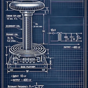 May include: A blueprint-style diagram of a Tesla coil, labelled "Electrical Engineering Assembly." The design includes a toroid top load (10" dia., 10.16 cm H), secondary and primary coils, and a base platform. Output is approximately 400 kV.