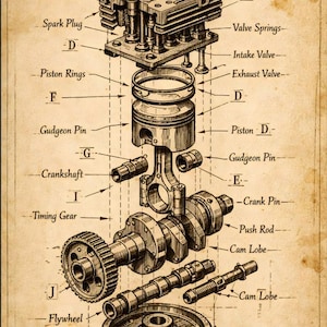 May include: An exploded diagram of an engine, showcasing its internal components. The illustration, in sepia tones, labels parts like spark plugs, pistons, and the crankshaft. The text "PAT. NO. 458672 THEENGINEERSTUDIOCO." is visible.