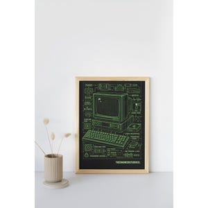 May include: A framed print featuring a black background with a detailed green line drawing of a vintage computer system, including a monitor, keyboard, and various technical labels like CPU, RAM, and modem, with the text THEENGINEERSTUDIOCO.