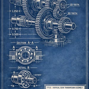 May include: Blueprint-style illustration of a vertical gear transmission assembly. The image shows detailed mechanical drawings with measurements in inches, including gear teeth counts and cross-sectional views. The title and material are also included.