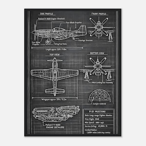 Puede incluir: Plano en blanco y negro de un caza-bombardero P-51 Mustang. La impresión incluye vistas laterales, frontales, superiores e inferiores, con detalles del motor y la cabina. Longitud aprox. 9,8 m, envergadura aprox. 11,3 m.