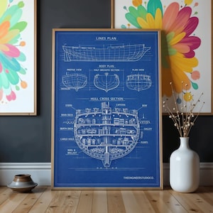Peut inclure: Une affiche de plan bleu nautique dans un cadre doré présentant un plan de lignes, un plan de corps et une section transversale de coque de navire. Le dessin technique inclut des étiquettes pour la poupe, la proue, le pont principal et la cale.