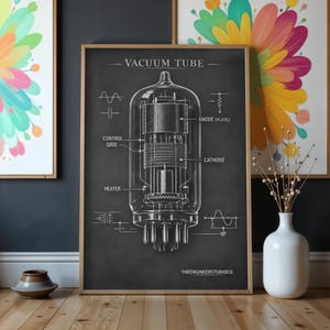 May include: A framed wall art print featuring a technical diagram of a vacuum tube on a dark gray background. The white line drawing labels the anode, cathode, control grid, and heater, with electrical circuit symbols and the text VACUUM TUBE.