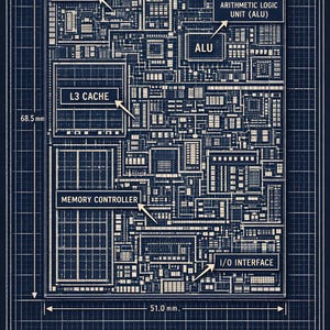 May include: Blueprint-style diagram of a microprocessor die map, featuring labeled components like Core 1, ALU, and I/O Interface. Dimensions are 42.0 mm x 51.0 mm, with a height of 68.5 mm. The text reads "MICROPROCESSOR ARCHITECTURE DIE MAP".