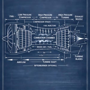 Turbofan Jet Engine Blueprint Art, Aviation Technical Poster, Aircraft Decor (Digital Download)