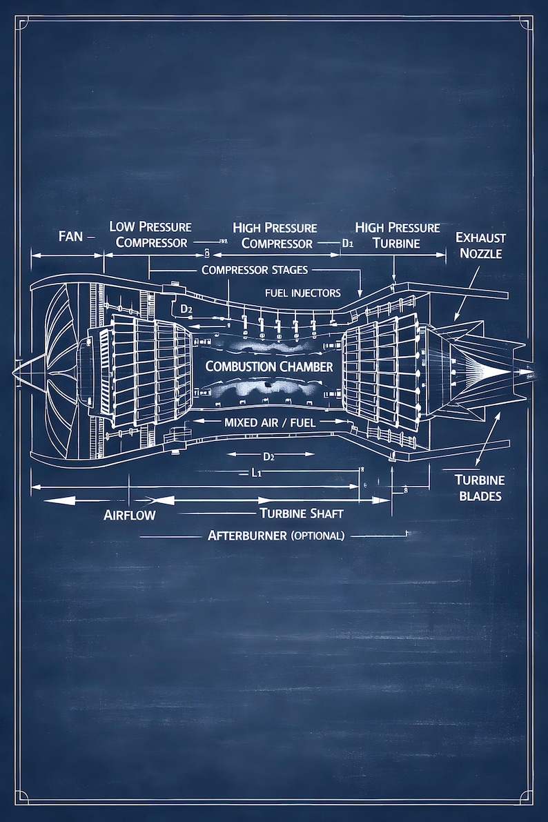 Turbofan Jet Engine Blueprint Art, Aviation Technical Poster, Aircraft ...