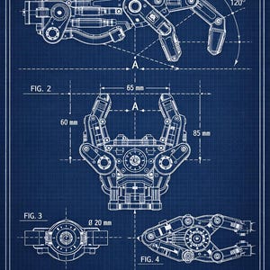 May include: A blueprint-style diagram of a robotic gripper, showing detailed mechanical drawings with measurements in millimetres. The design includes articulated fingers, joints, and a central mechanism, labelled with figures and dimensions. The text "ROBOTIC GRIPPER" is at the bottom.