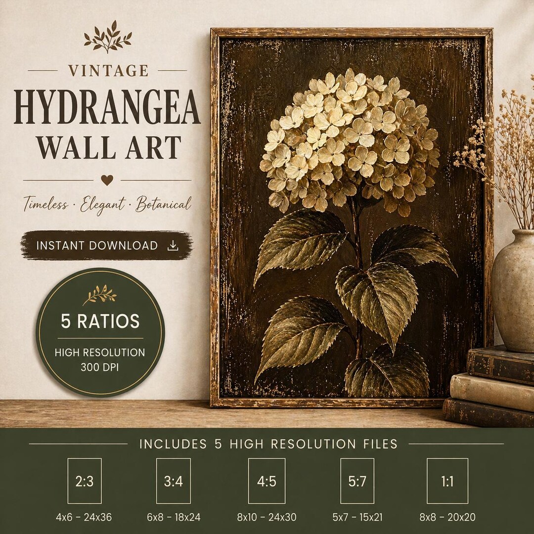 Vintage Hydrangea Wall Art, Moody Floral Printable, Dark Cottagecore ...