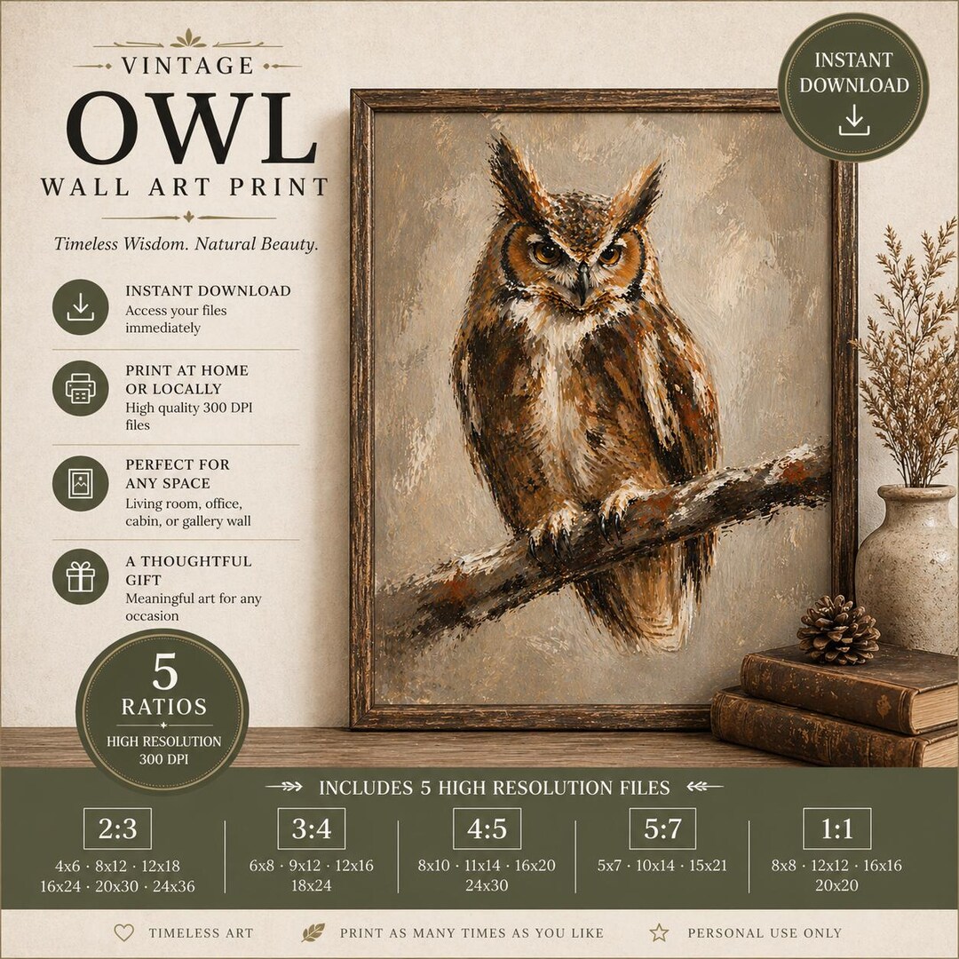 Vintage Owl Wall Art Print, Rustic Owl Painting, Woodland Animal Decor ...