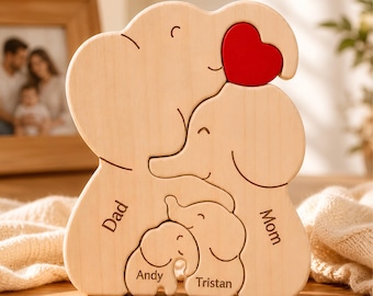 Personalized Elephant Family Puzzle, Custom Wooden Family Name Gift, Engraved Elephant Keepsake, Gift for Mom Dad, Family Home Decor