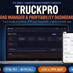 May include: A laptop and smartphone display the TruckPro load manager and profitability dashboard. The interface tracks loads, expenses, IFTA fuel, and profit. Text includes "Instant Download," "HTML File - No Install," "Light & Dark Mode," and "Works in Any Browser."