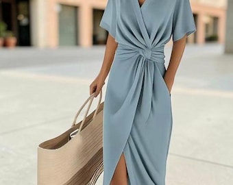 Elegant Women’s V-Neck Wide Leg Jumpsuit Set with Tie Waist for Summer