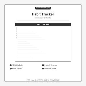 Planificador de hábitos minimalista, agenda de 6 meses, registro de objetivos en blanco y negro (descarga en PDF)