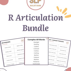 May include: A graphic for an "R Articulation Bundle" with three cards displaying phrases and words for speech therapy. The cards include phrases such as "Karla is back" and "Harley is fast." The SLP Solutions logo is visible.