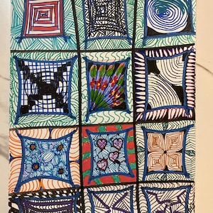 May include: A colorful artwork featuring a grid of twelve square designs. Each square contains unique patterns and illustrations, including spirals, geometric shapes, and floral motifs. The artwork uses a variety of colors, including blue, red, green, and purple.