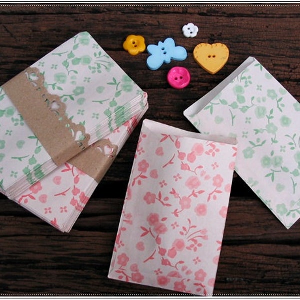 Mini Vintage Of Cherry Blossom Pattern on Kraft Paper Bags /Gift Bags / 100 Pcs./ Light Red flower pattern.