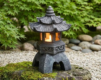 Japanese Solar Lantern Outdoor Garden Light, Pagoda LED Lamp, Waterproof Resin Landscape Decor, Zen Patio Balcony Light, Asian Yard Gift