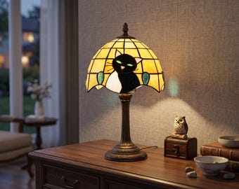 Black Cat Stained Glass Lamp, Bedside Night Light, Cozy Room Decor