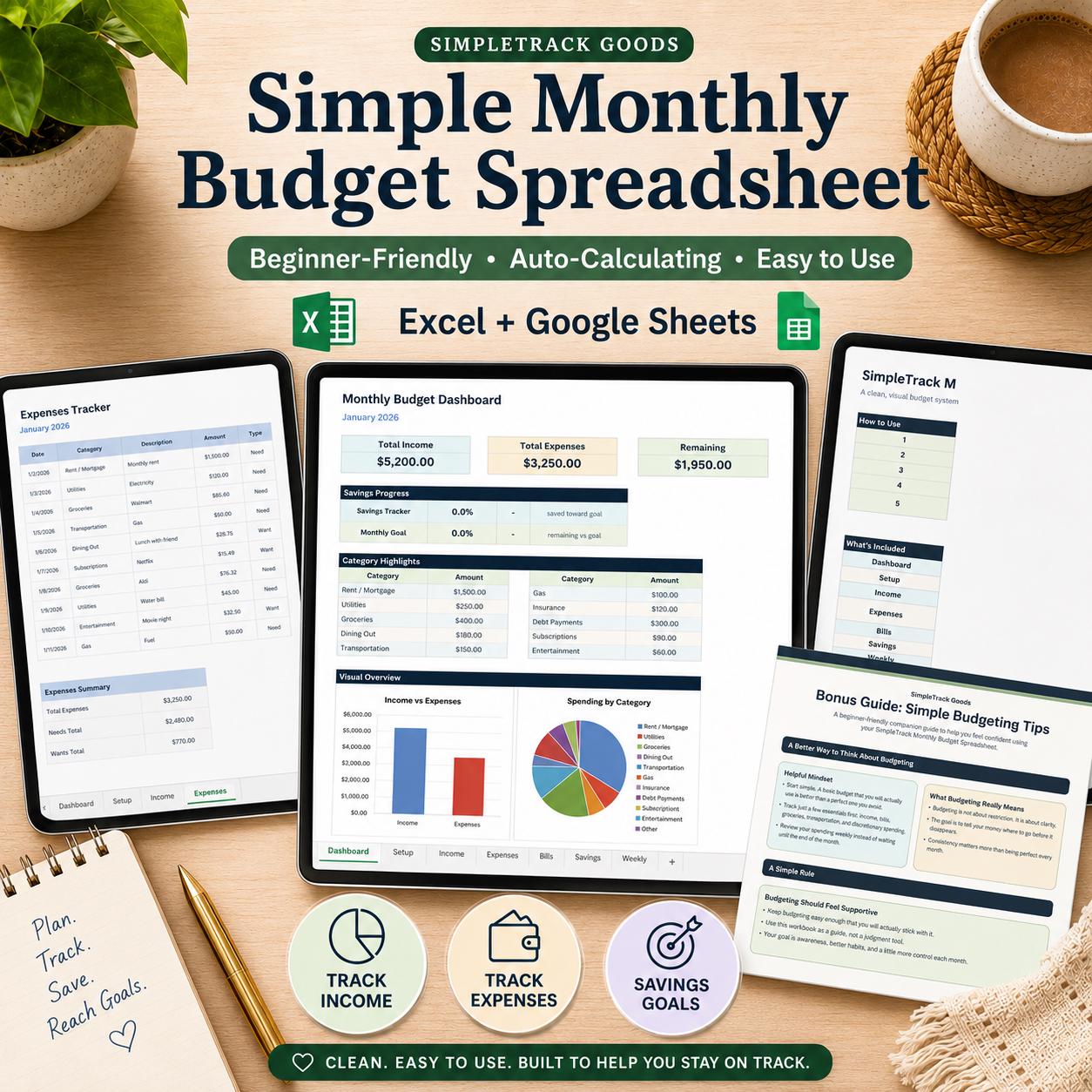 Simple Monthly Budget Spreadsheet, Excel Google Sheets Planner (digital ...