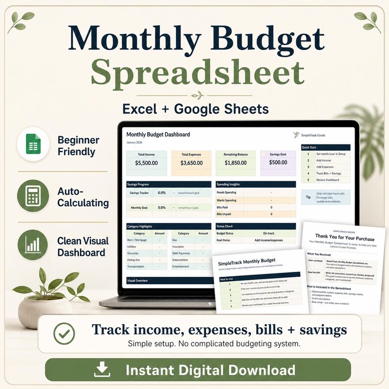 Simple Monthly Budget Spreadsheet, Excel Google Sheets Planner (digital ...