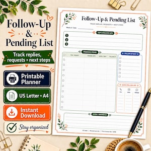 Puede incluir: Una página de planificador imprimible Follow-Up & Pending List con secciones para seguimientos, elementos pendientes, próximos seguimientos, seguimientos rápidos y notas. Fondo blanco con detalles botánicos verdes y naranjas.