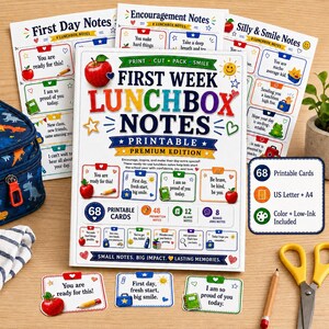 May include: A set of printable lunchbox notes featuring colorful graphics of apples, stars, and hearts. The main sheet is titled First Week Lunchbox Notes Premium Edition and includes 68 cards, US Letter and A4 sizing, and color or low-ink options.