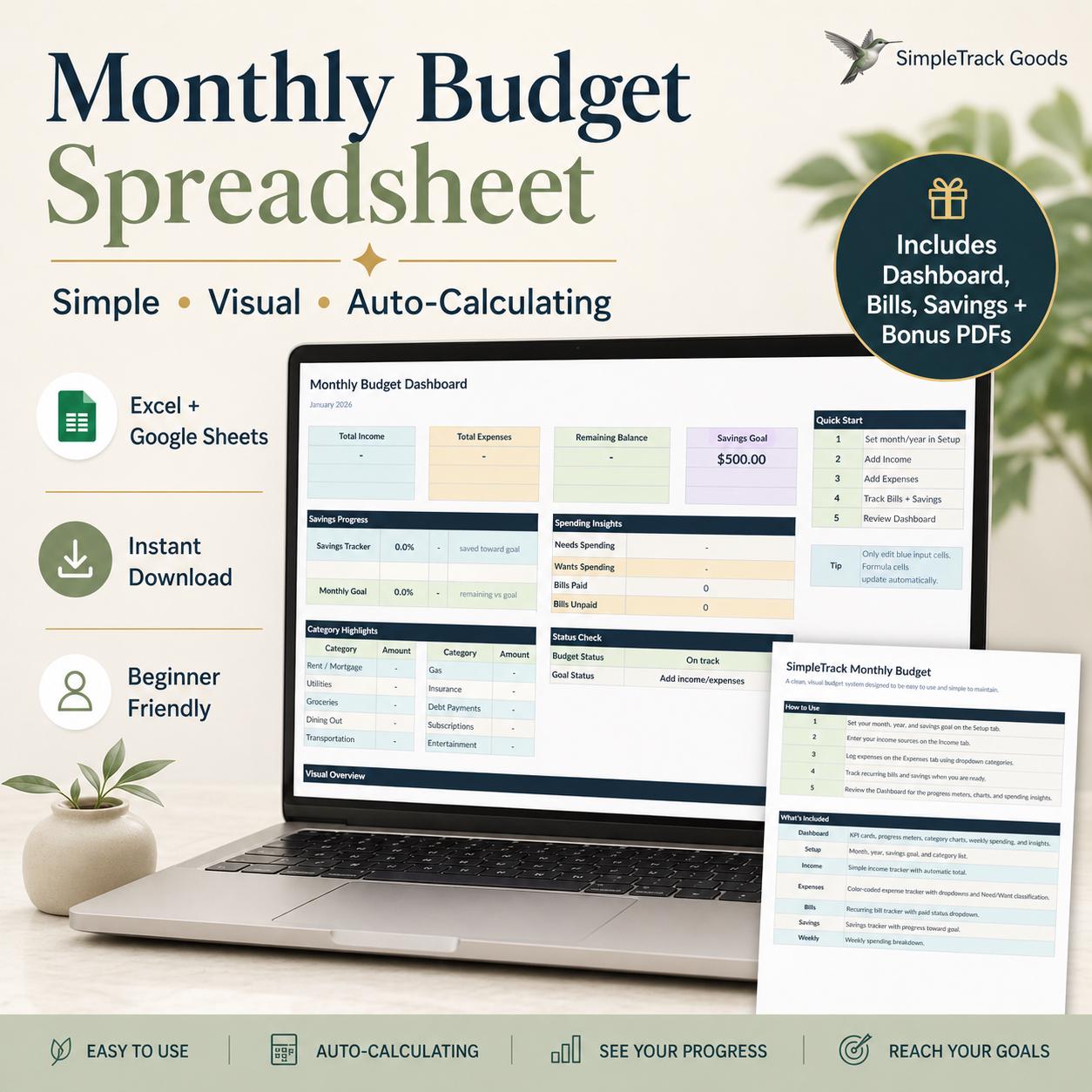 Simple Monthly Budget Spreadsheet, Excel Google Sheets Planner (digital ...