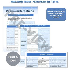 May include: A staff PD handout titled "Positive Interactions" focusing on middle school behaviour and positive interactions. It includes a behaviour translation guide and quick positive strategies. The text "Print & Go!" is also visible. The handout is ready to use.