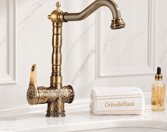Carved Brass Antique Bathroom Sink Faucet