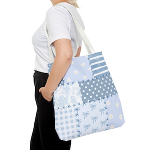 Blue Patchwork Floral Pattern Tote Bag | Pastel Polka Dot Stripes | Travel Bag