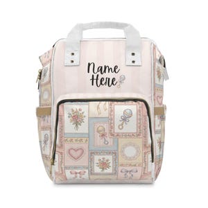 Customizable Vintage Baby Patchwork Diaper Bag, Backpack | Floral Rattle Hearts Pattern
