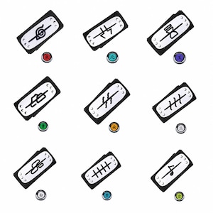 May include: Nine black headbands with various white symbols and silver accents. Each headband has a different symbol. Below each headband is a small, round, colored button with a Japanese character. The headbands are displayed on a white background.