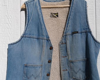 Vintage 1990s Wrangler Sherpa Lined Denim Vest, Western Style XL