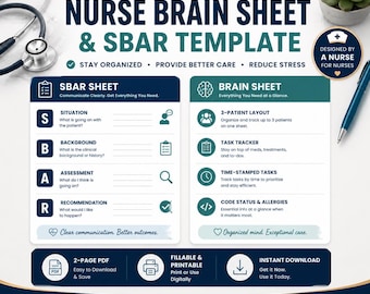 Nurse Brain Sheet Printable, SBAR Report Template, Shift Change Report Sheet, Nursing Student Clinical Template, Instant Download PDF