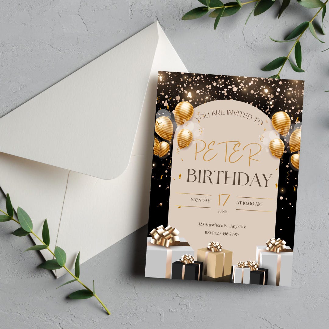 Black Gold Luxury Birthday Party Invitation Template, Editable Canva ...