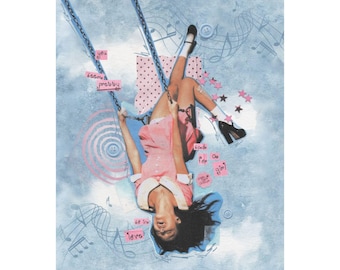 May include: A collage art print featuring a person in a pink dress on a swing against a blue background with musical notes, buttons, and pink text snippets including you seem pretty, love, and a girl, with black platform shoes and white socks.